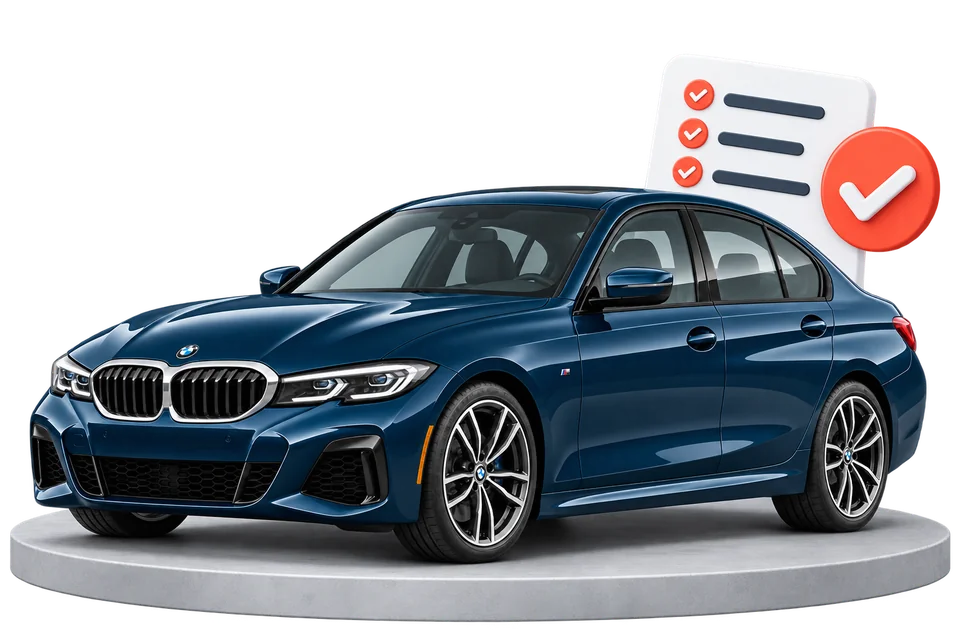 Sinine BMW platvormil kontrollnimekirja kõrval